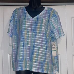 Alfred Dunner Blue Green Plaid V-Neck Top